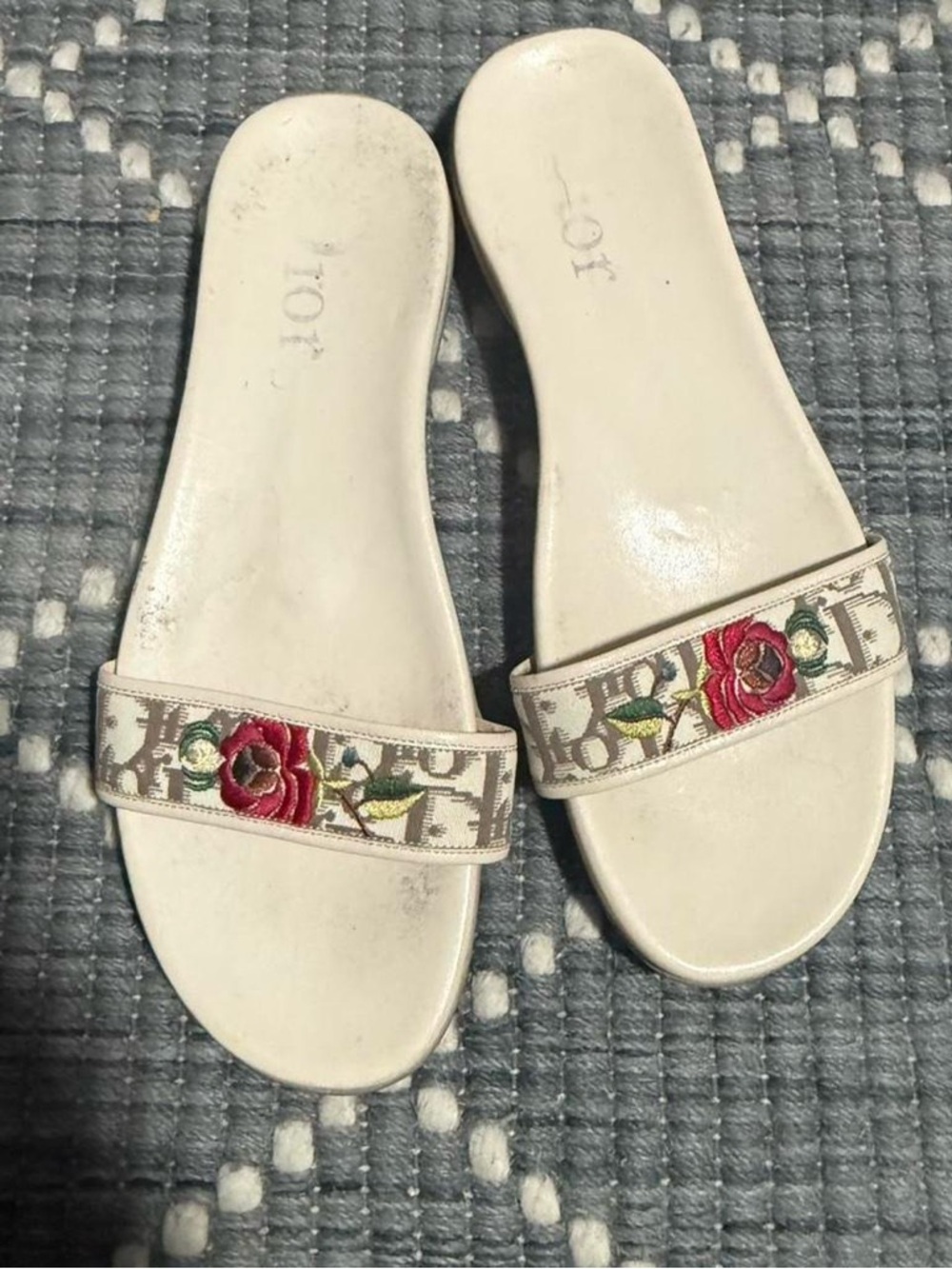 Dior White Embroidered Rose Slide Sandals
